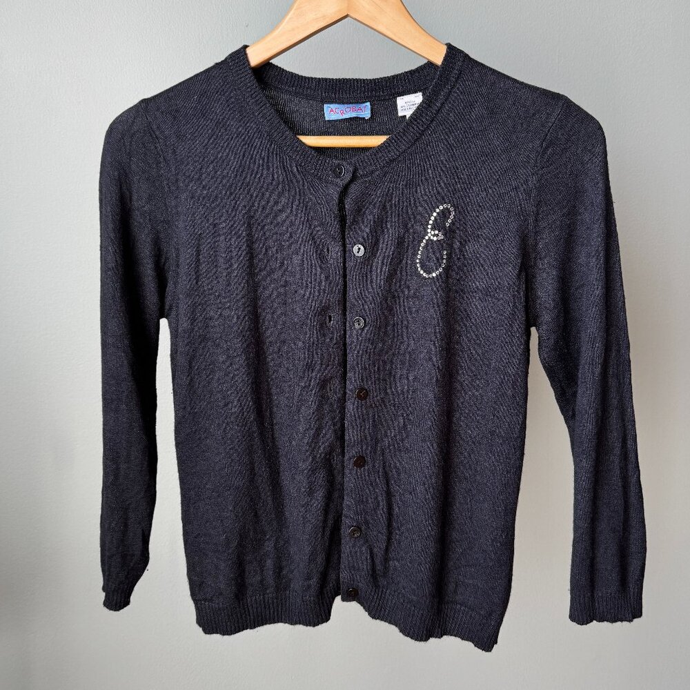 Black Silk Cashmere Cardigan E Rhinestone Monogram SP/XS - Picture 3 of 16